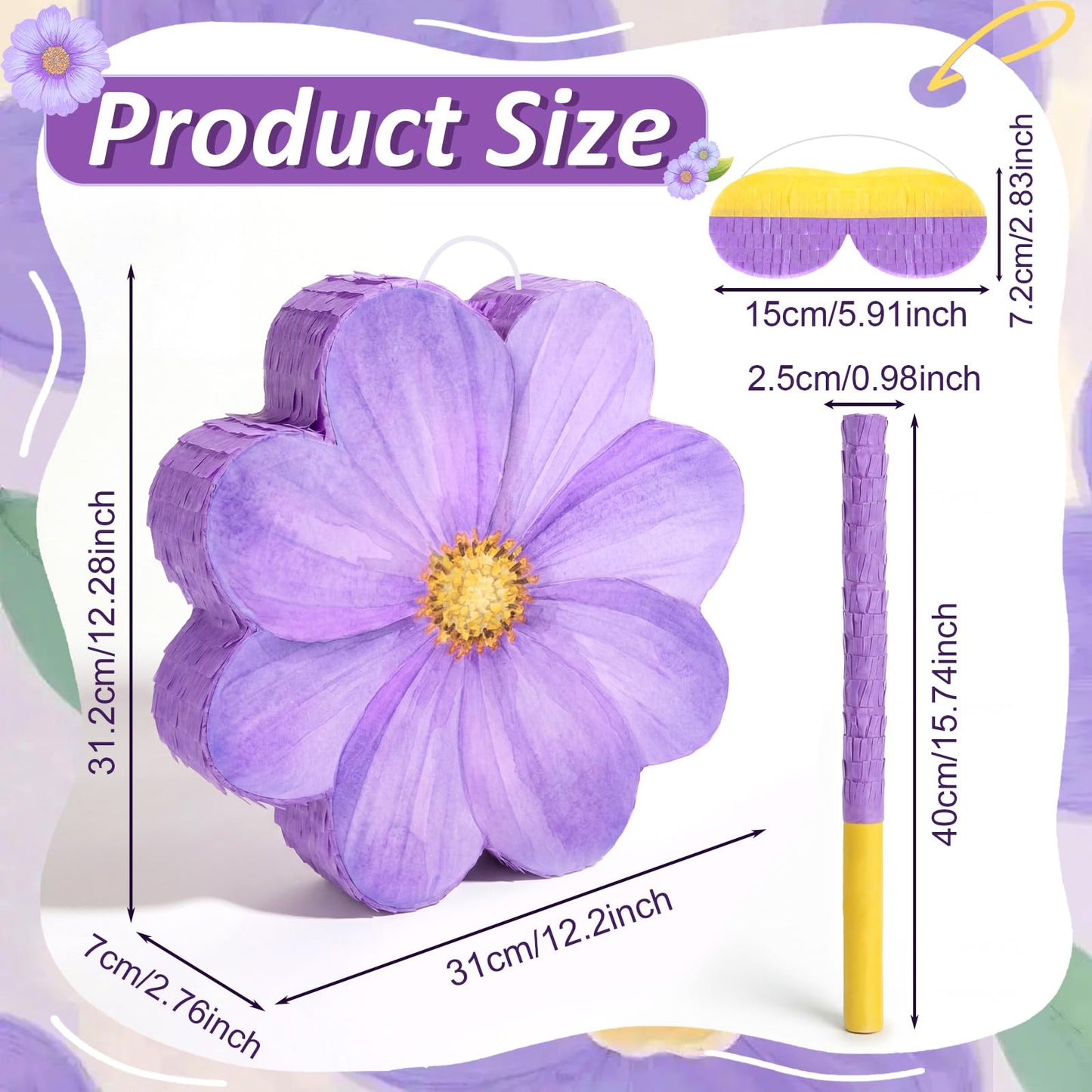 Aoriher Daisy Flower Piñata Set with Blindfold and Bat Purple Flower