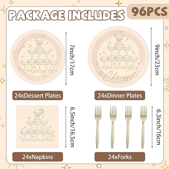 96PCS Champagne Tower Birthday Paper Plates Napkins Bachelorette