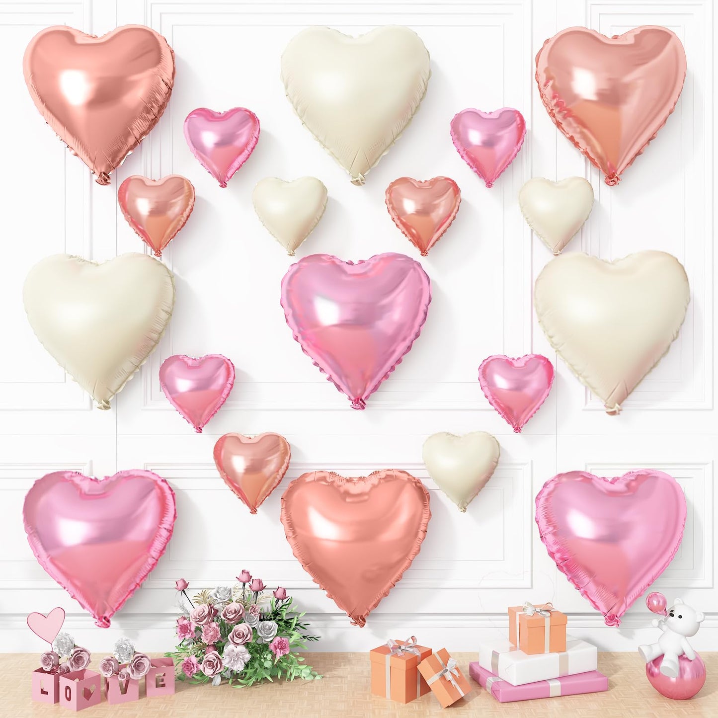 Pink White Heart Balloons, 19PCS Rose Gold and White Heart Shape