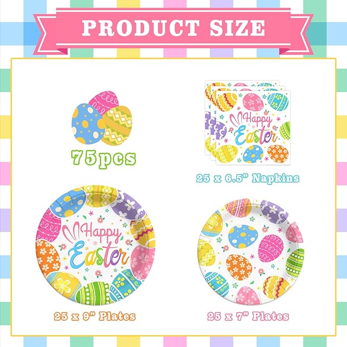 75Pcs Easter Paper Plates and Napkins Set Easter Eggs Themed