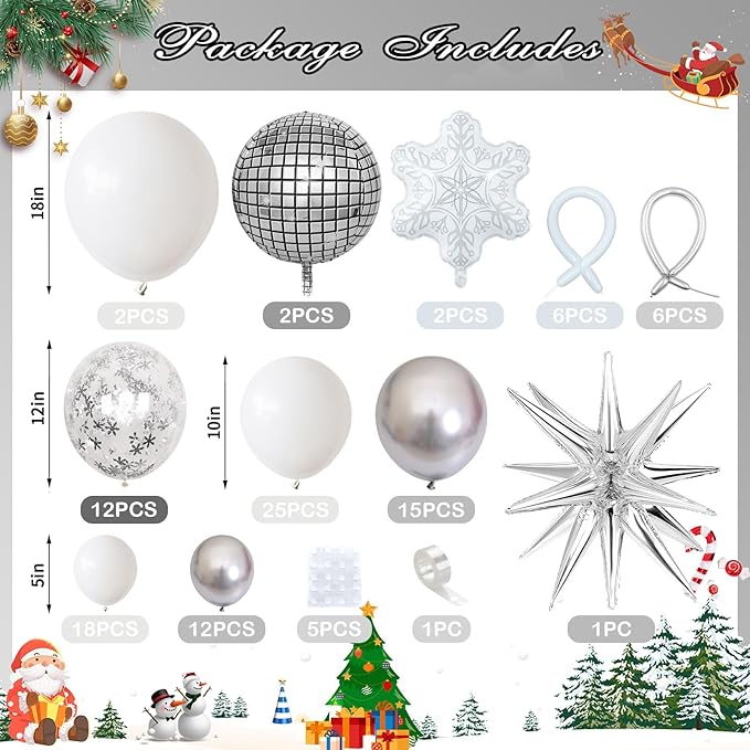 Christmas Decorations Balloons Arch Kit White Silver Snowflake