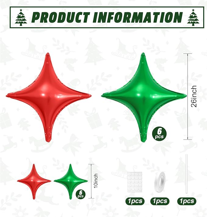 Red Green Christmas Balloons,12Pcs Four Angle Star Foil