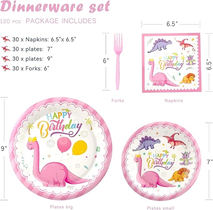 120 Pcs Pink Dinosaur Birthday Party Plates Napkins Girls Dinosaur