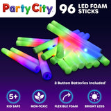 Party City 96pk LED Foam Glow Sticks 14”- Glow in the Dark Party