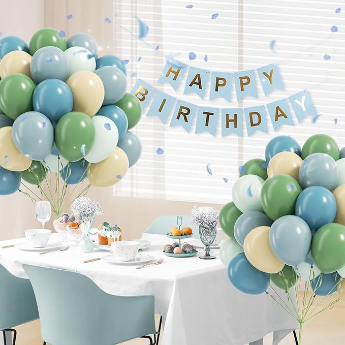 60pcs Blue and Green Balloons - Sage, Dusty Blue, Pastel Green, Nude