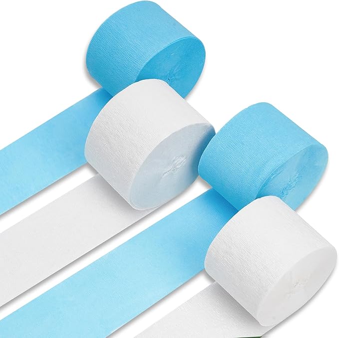 PartyWoo White and Blue Crepe Paper Streamers 4pcs 328ft Pack of