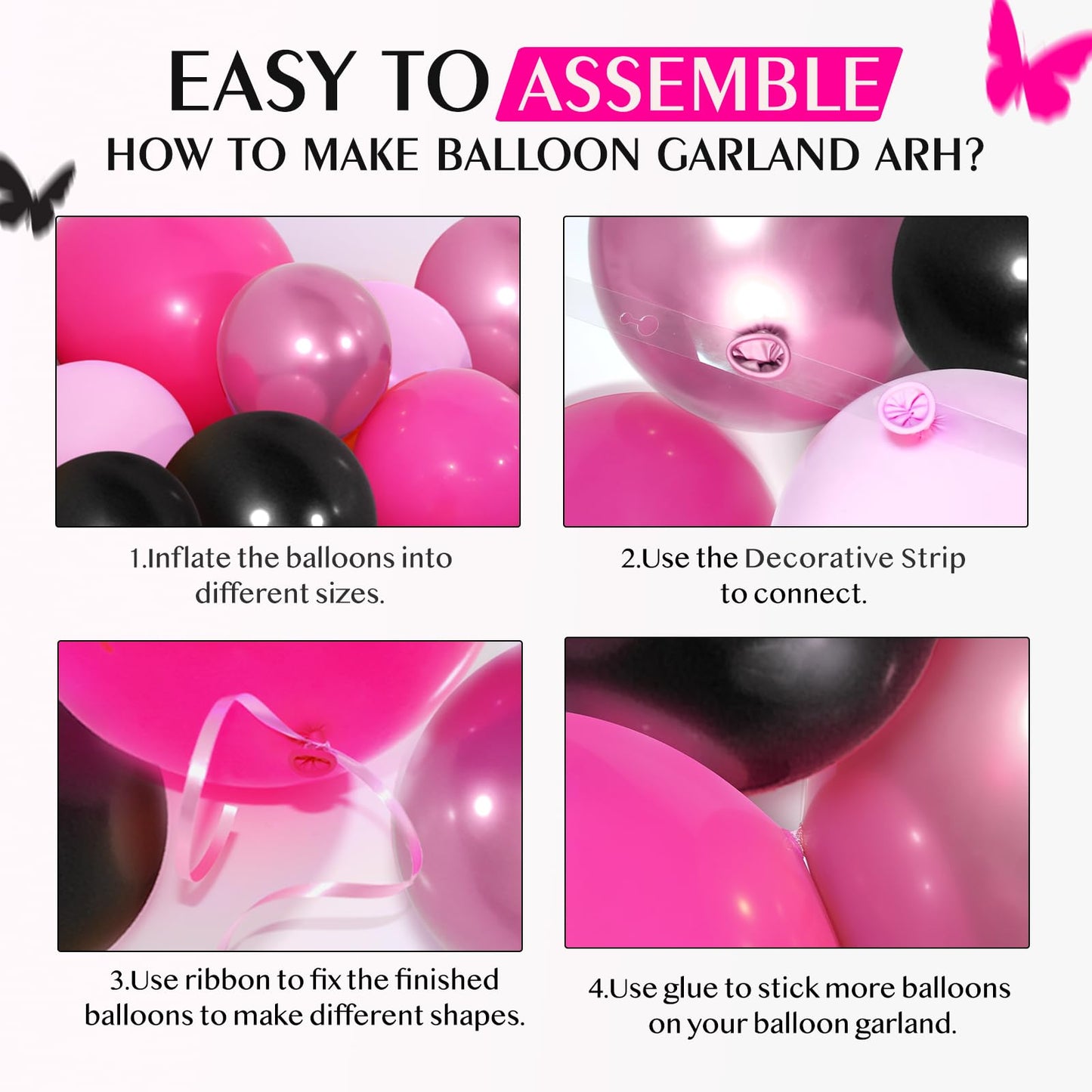 Pink and Black Balloon Arch Kit, Hot Pink Black Light Pink Metallic