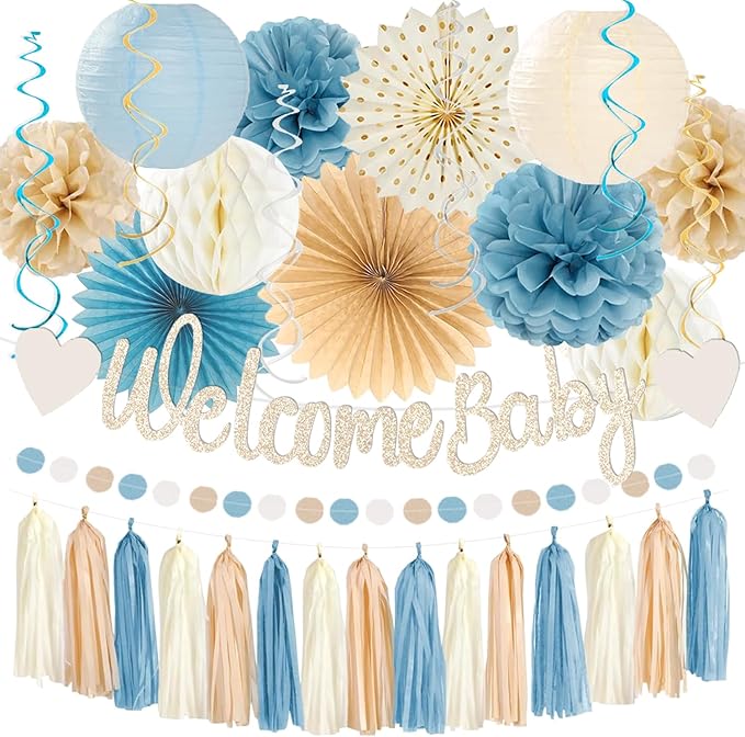 Light Dusty Blue Boho Baby Shower Party Decorations Beige Champagne