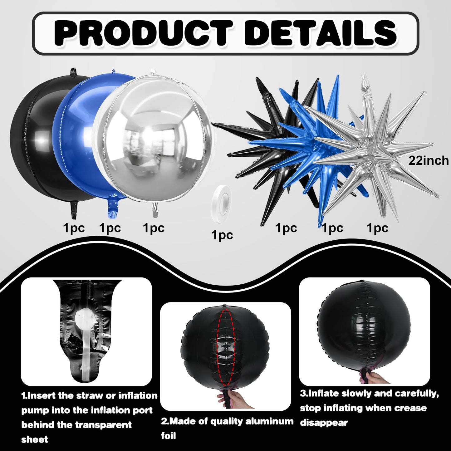 6Pcs Black Blue Silver Foil Balloons,22Inch Black Blue 4D Round Ball