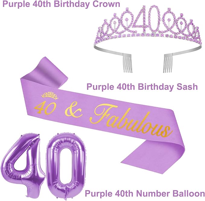 40th Birthday Decorations for Women Purple with 40th Birthday Sash