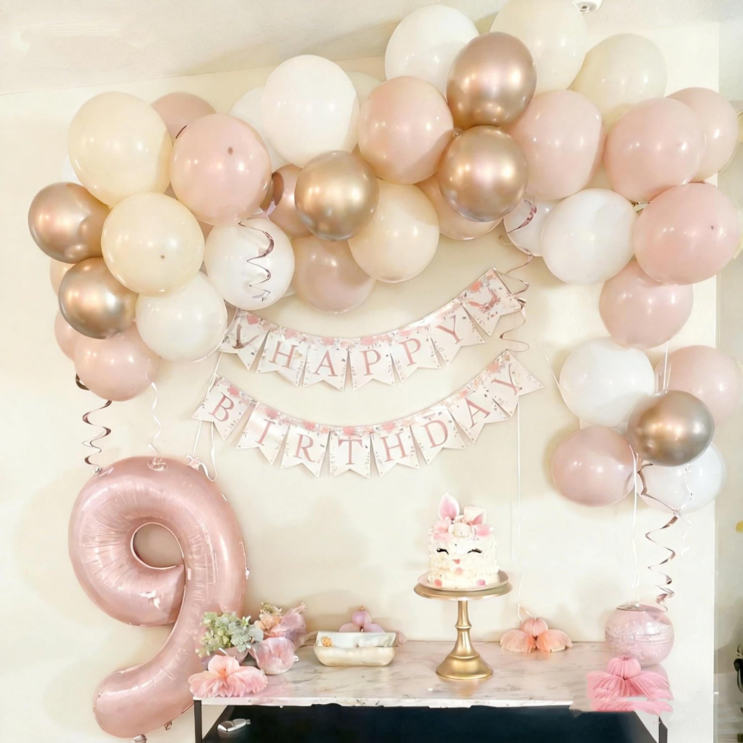 Light Pink 9 Balloon Number, Dusty Baby Pink Gold Sand White Latex