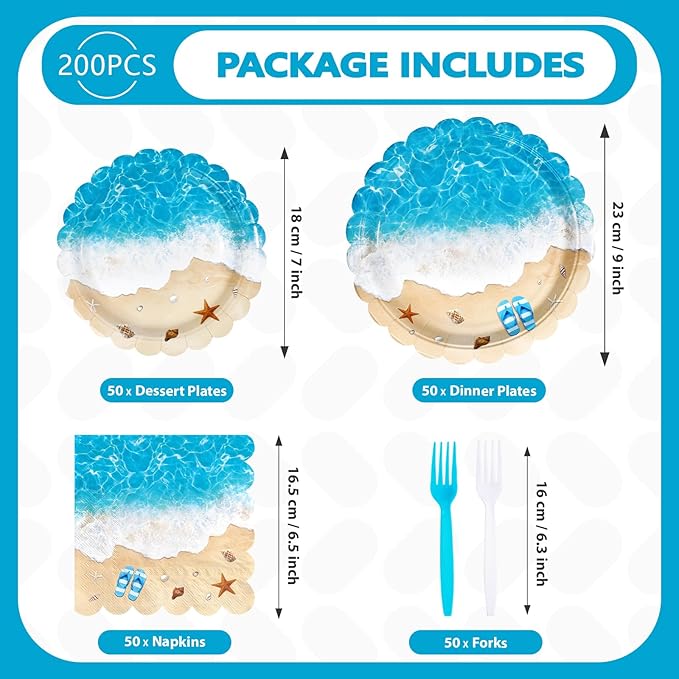 200Pcs Beach Party Decorations Ocean Waves Theme Plates and Napkins