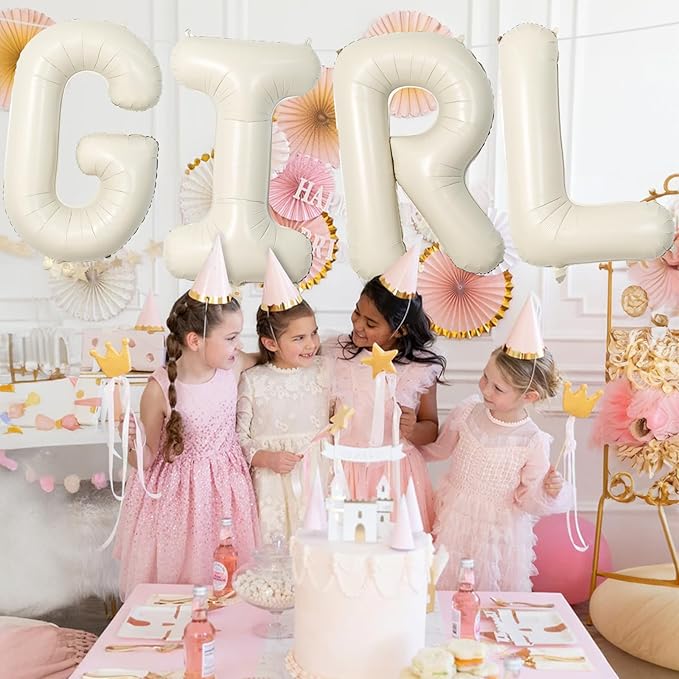 40 Inch Cream Girl Balloons, Large Beige Neutral Letters With Ribbon,