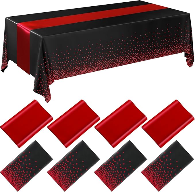 Breling 8 Pack Black and Red Disposable Plastic Tablecloths and Satin