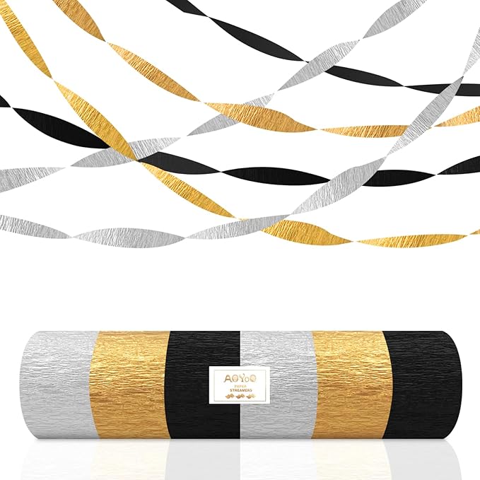 AOYOO Crepe Paper Streamers, 6 Rolls Black Gold and Silver Party