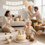 Beige Pre Strung Happy 1st Birthday Banner and One Birthday Hat for