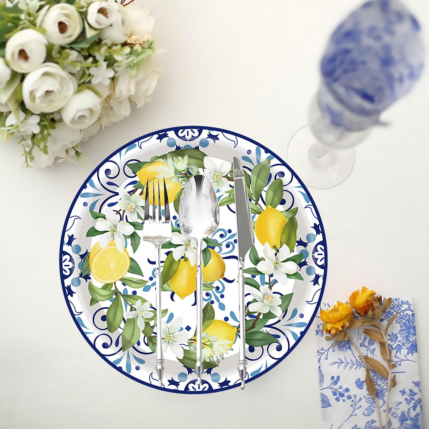 50PCS Capri Lemon Party Supplies7"Lemon Paper Plates Blue Tiles Yellow