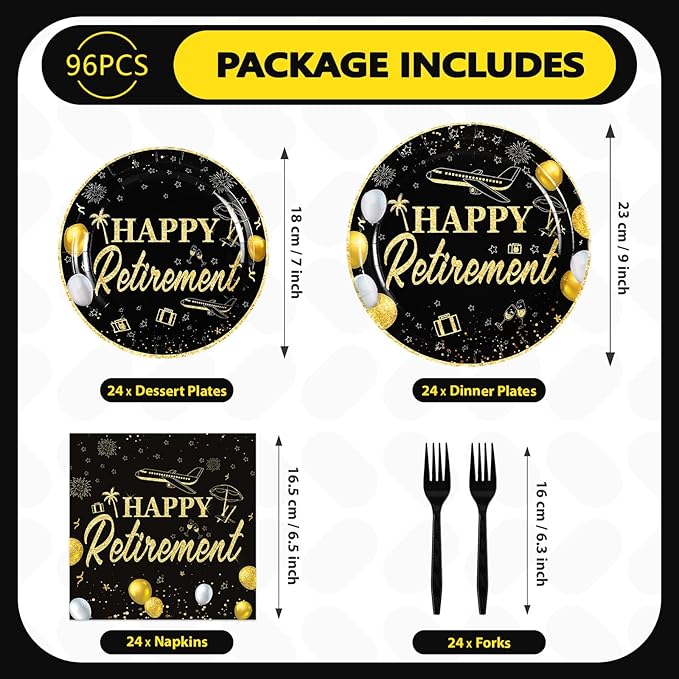 96Pcs Happy Retirement Party Supplies Black Gold Plates and Napkins