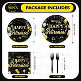 96Pcs Happy Retirement Party Supplies Black Gold Plates and Napkins