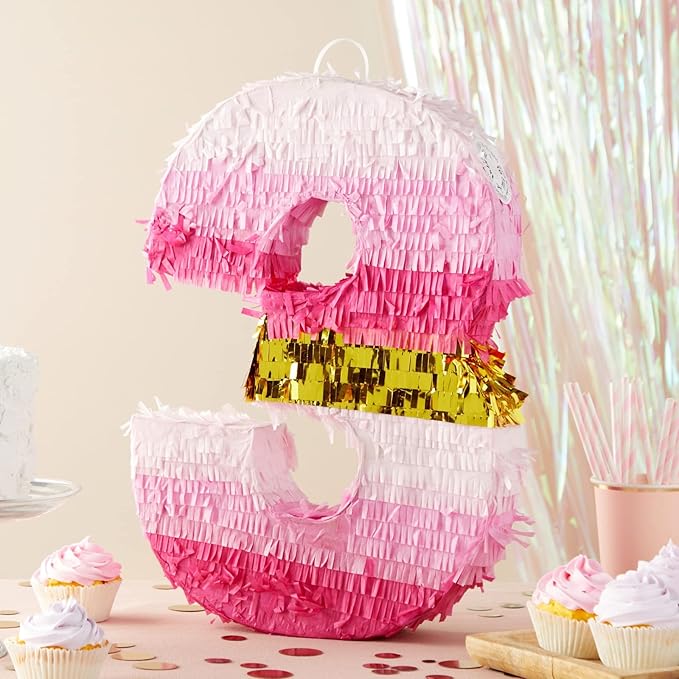 Number 3 Pinata Pink and Gold for Girls 3rd Birthday Party
