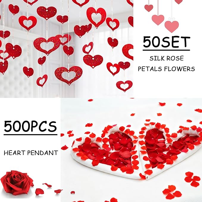 648PCS Valentines Party Decorations Kit with Rose Petals Red and