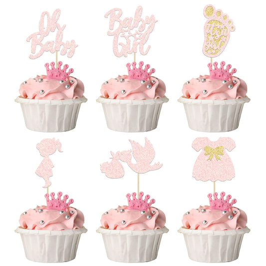 24Pcs Oh Baby Cupcake Toppers Baby Girl Cupcake Toppers with Bow Dress