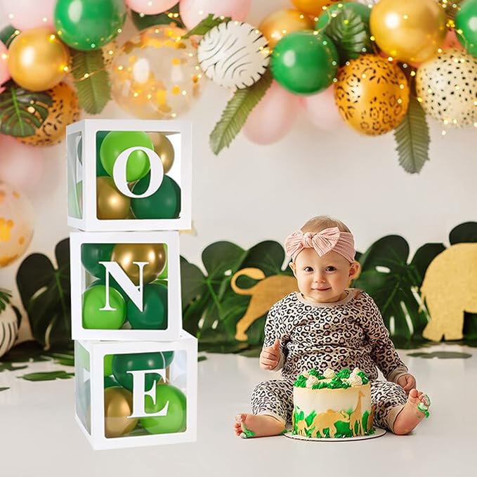First Birthday Decorations for Boy ONE Balloon Boxes with Green and