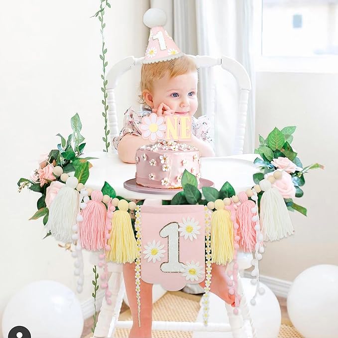Pink Daisy Baby First Birthday Party Decorations Blue High Chair