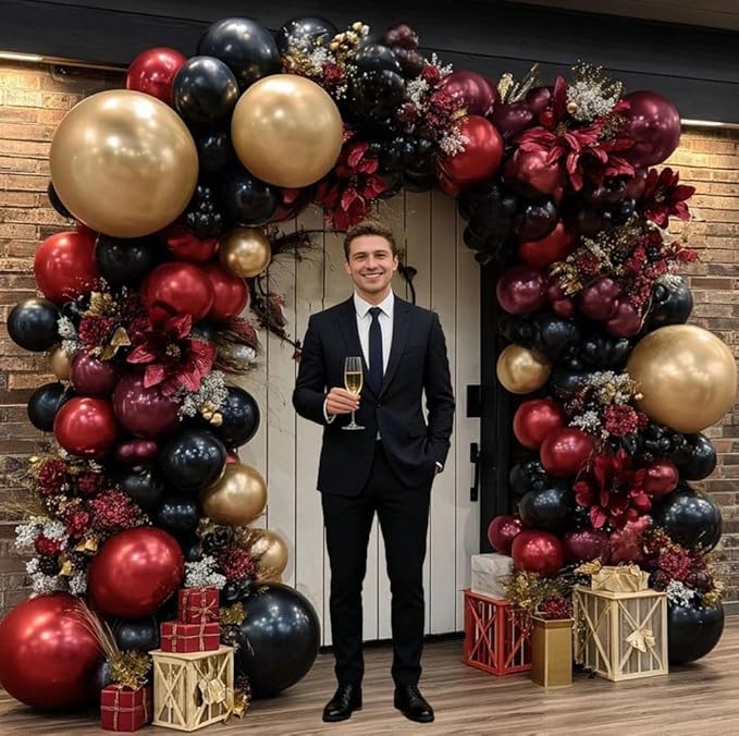 Burgundy Black Gold Balloon Garland Double Stuffed Dark Red Gold