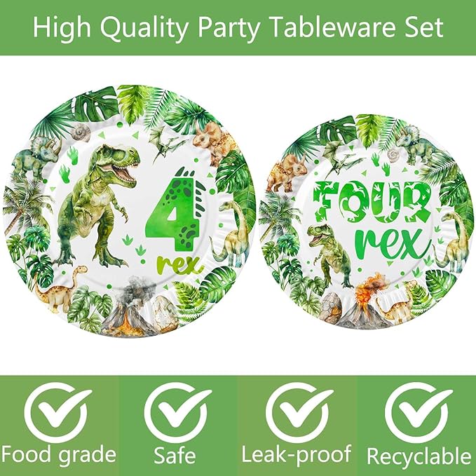208 Pcs Dinosaur 4th Birthday Party Supplies, Green Dino Roar I'm