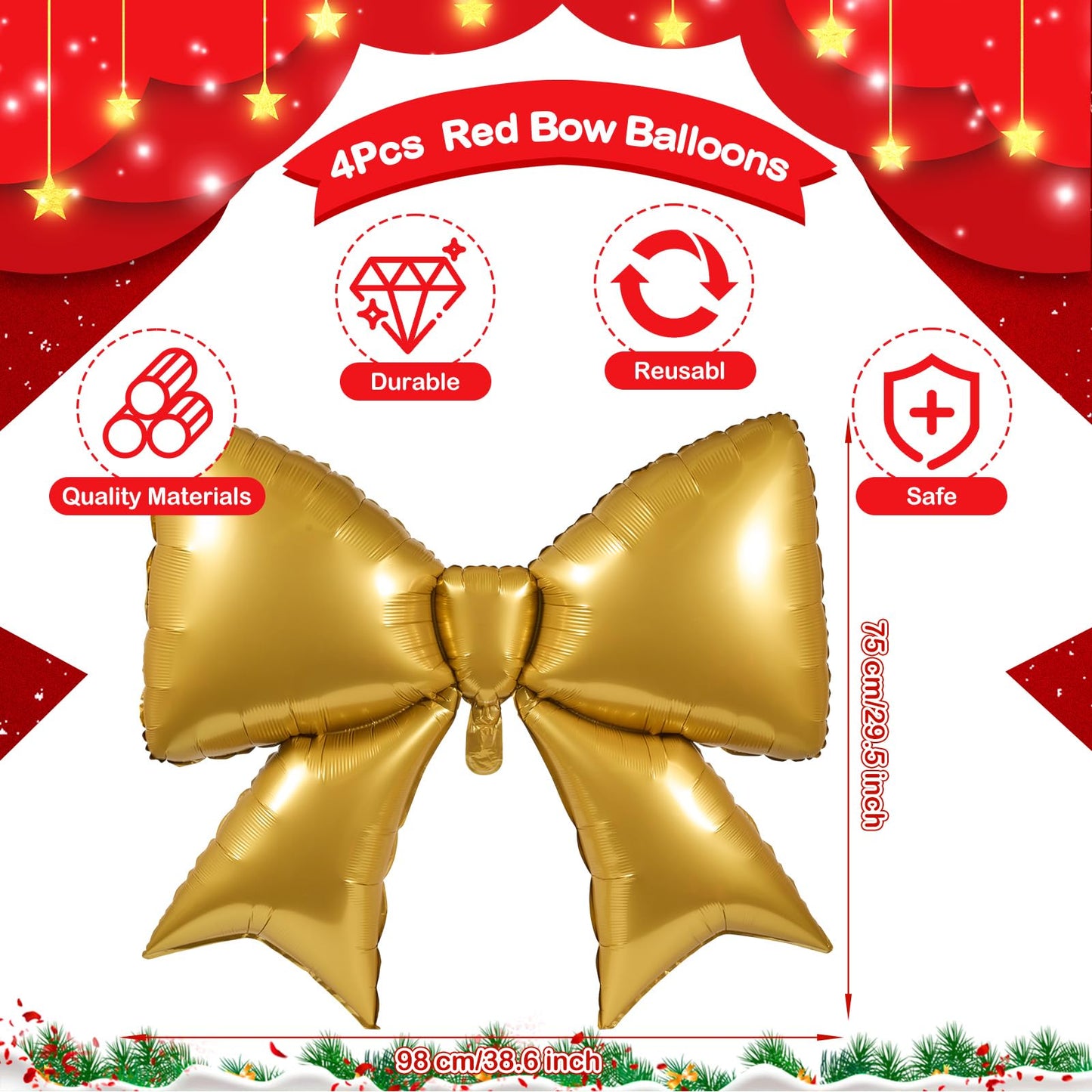 Simgoing 4 Pcs 39 Inch Jumbo Christmas Gold Bow Balloons Giant Bow