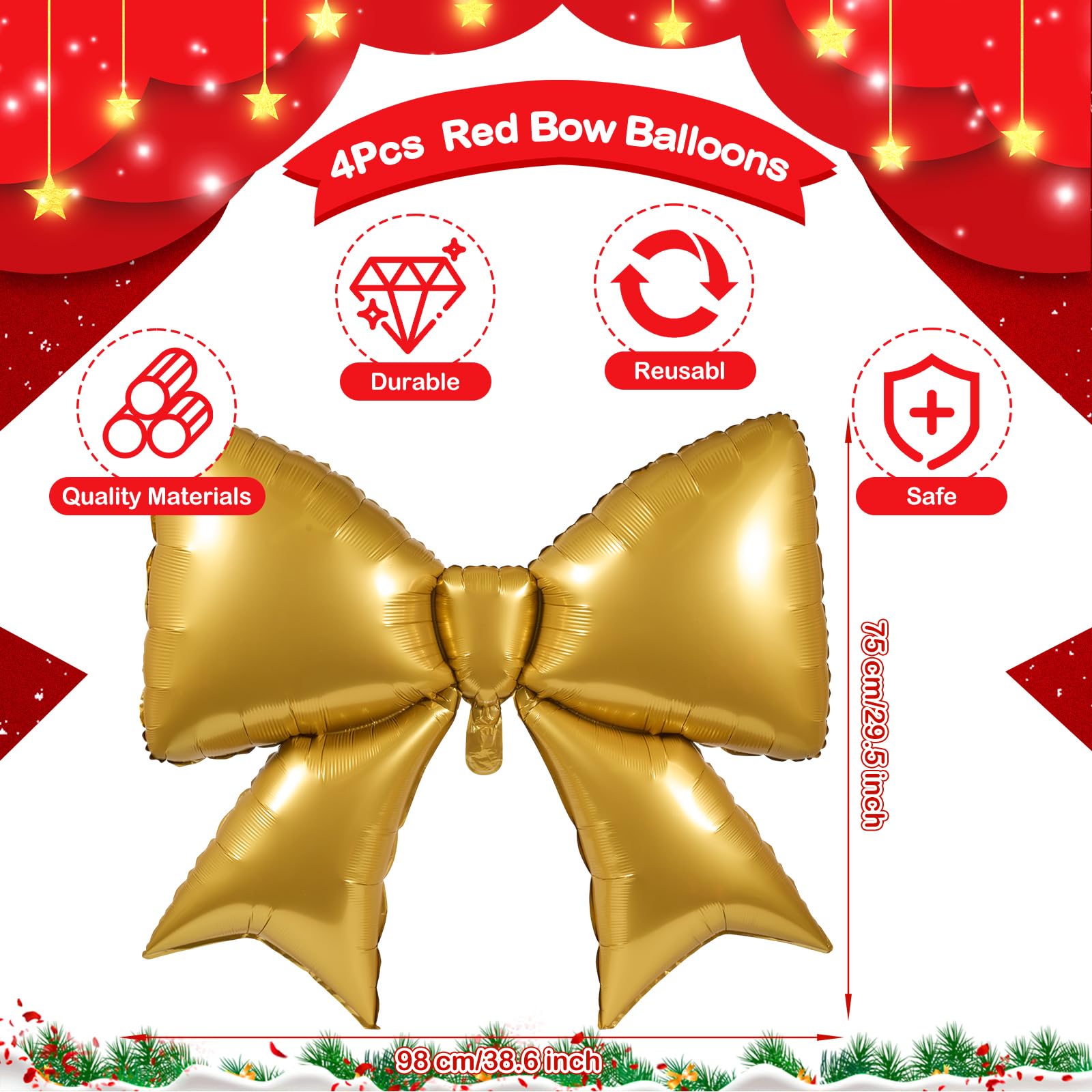 Simgoing 4 Pcs 39 Inch Jumbo Christmas Gold Bow Balloons Giant Bow