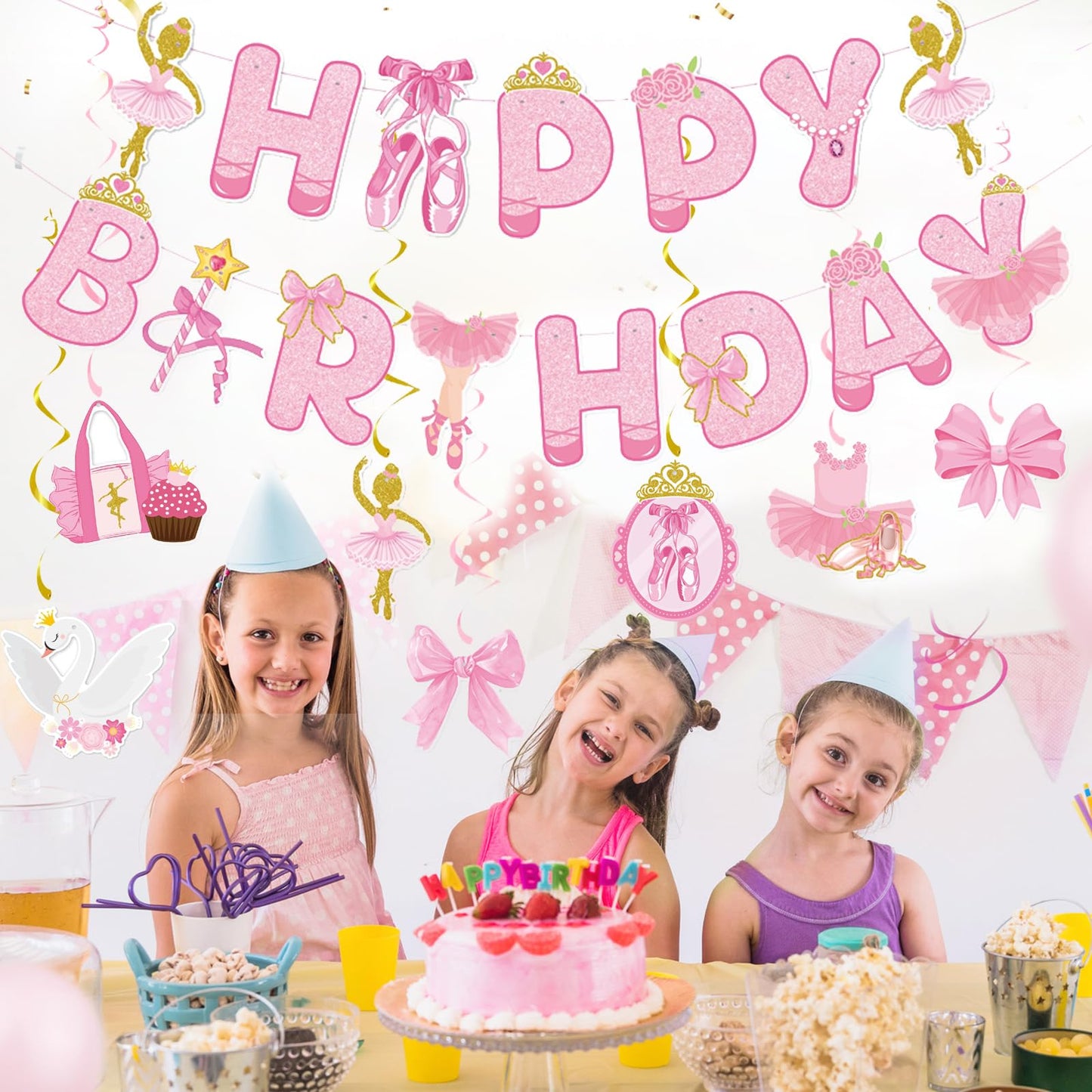 Zwiebeco Pink Gold Ballerina Happy Birthday Banner Bunting Hanging