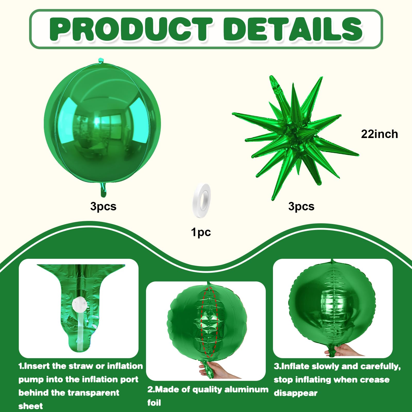 6Pcs Green Foil Balloons,22Inch Metallic Green 4D Round Ball Balloon
