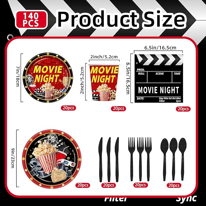 140pcs Movie Night Supplies Now Showing Convenient Paper Tableware