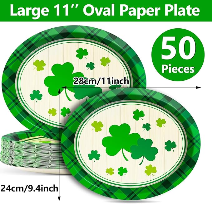 50 PCS St Patrick's Day Oval Paper Plates Large 11” Disposable Saint