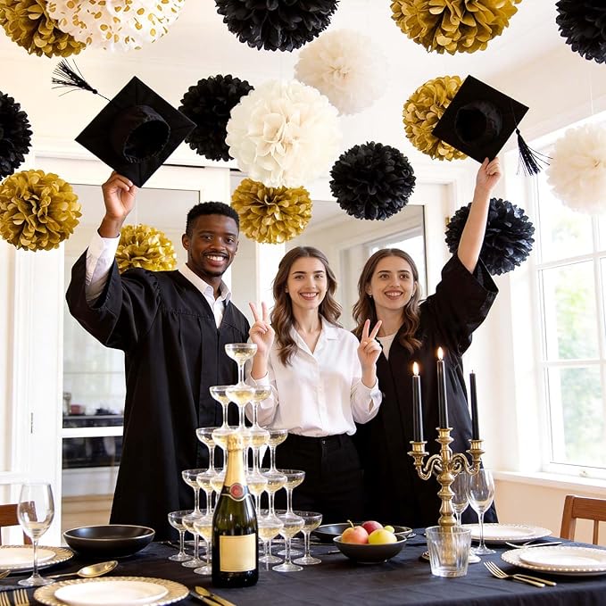NICROLANDEE Black and Gold Party Supplies for 2026 Graduation - 12PCS