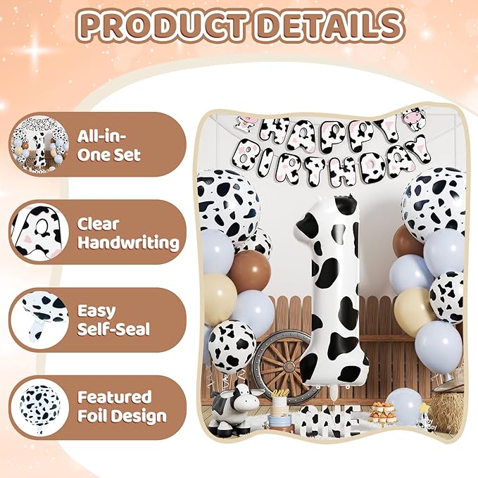 1st Birthday Decorations for Boys, 40 Inch Cow Number 1 Balloon, 18