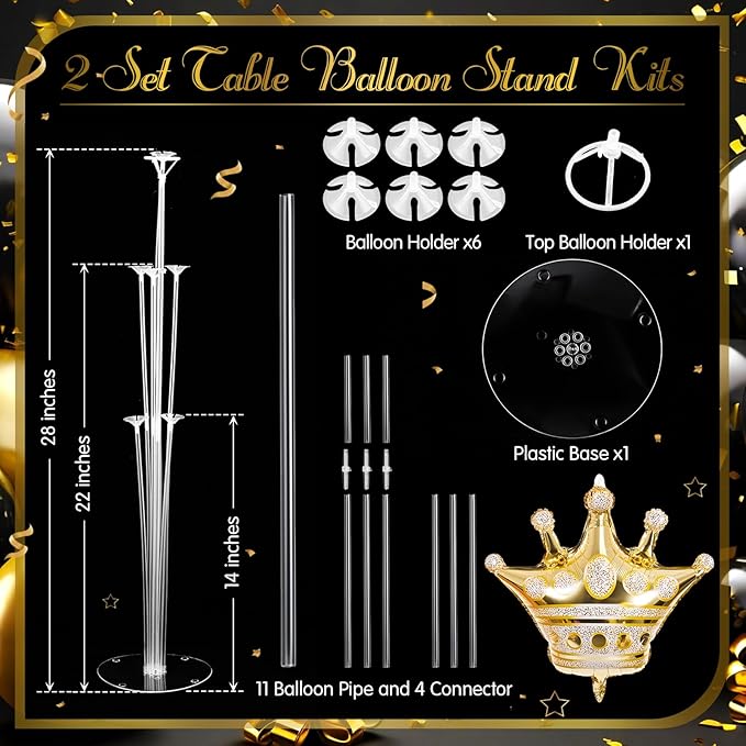 2 Set Black and Gold Balloon Stand Kits Gold Crown Balloons Sticks