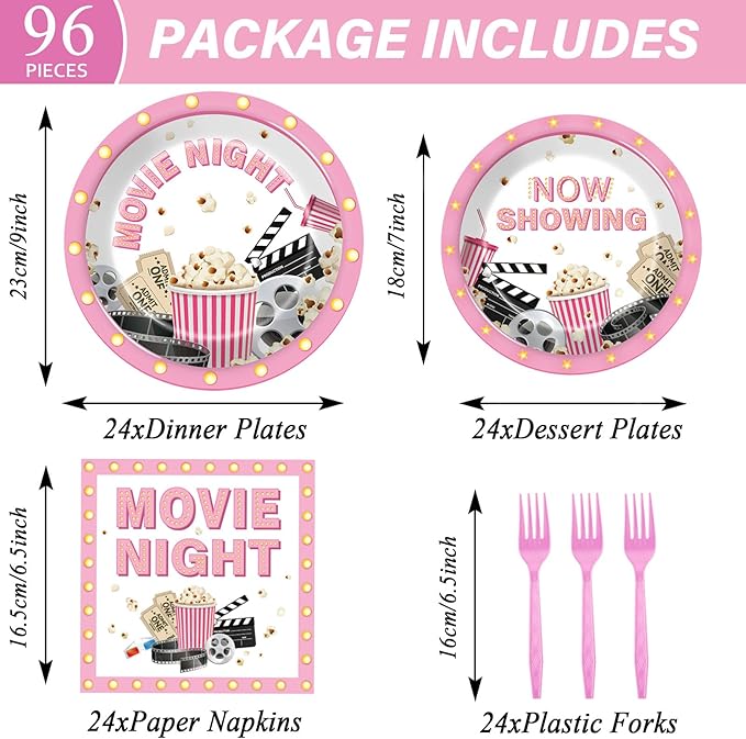 96Pcs Movie Night Party Supplies Pink Movie Birthday Plates and