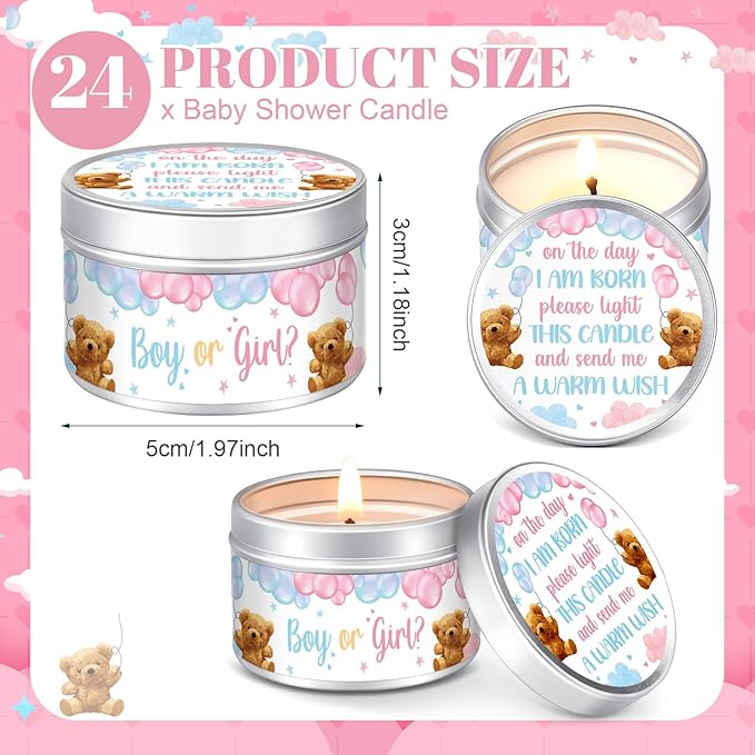 MTLEE 24 Pcs Gender Reveal Bear Baby Shower Party Favors Candles