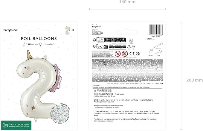 Unicorn Number 2 Balloon PartyDeco 36.5 Inch Pink & White