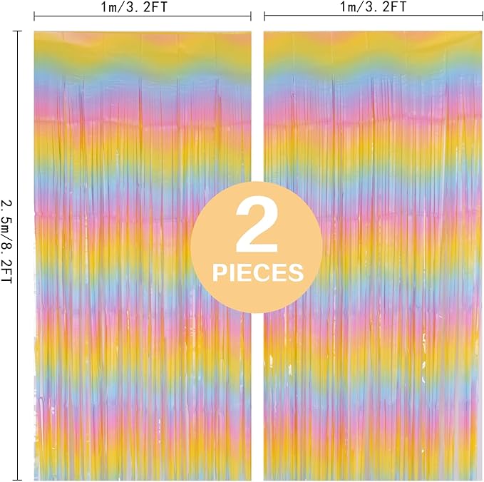 PIGETALE Pastel Rainbow Foil Fringe Curtains, 2Pcs 3.2x8.2ft Metallic