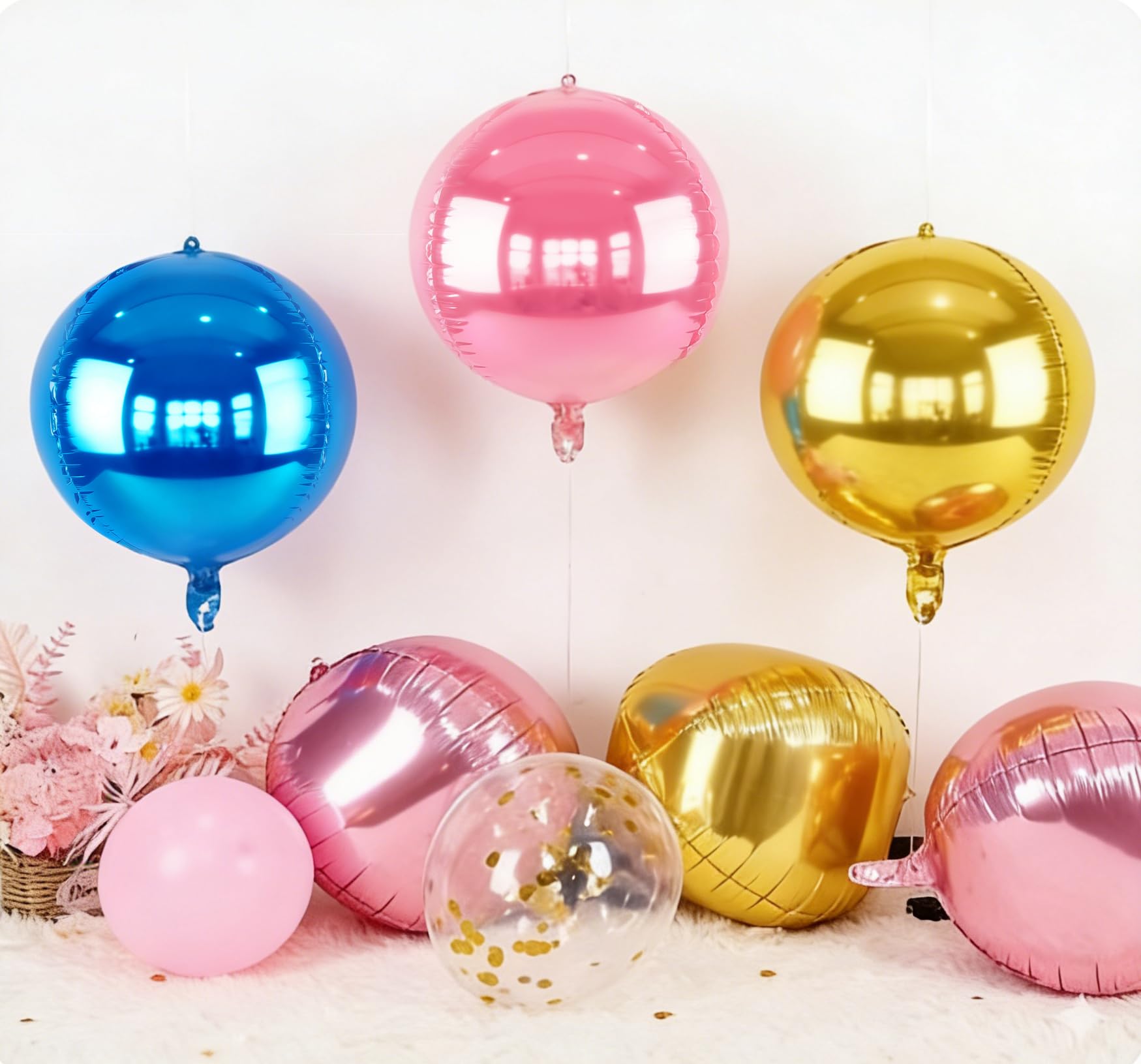 Metallic Blue Round Foil Balloons, 22" Large 4D Sphere Mylar Balloons