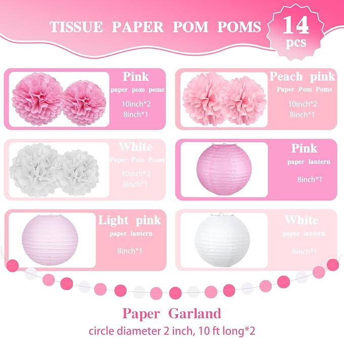 14 Pcs Pink Party Decorations Kit - Tissue Pom Poms, Lanterns & Polka