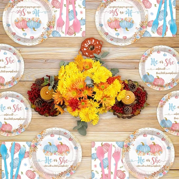 194 PCS Pumpkin Gender Reveal Decorations Pumpkin Paper Plates Cups