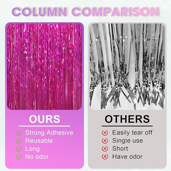 Voircoloria 3 Pack 3.3x8.2 Feet Pink Foil Fringe Backdrop Curtains,