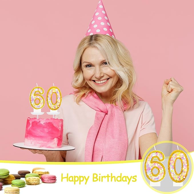 60th Birthday Candle for Women/Men, Golden Macaron Numeral Candles,