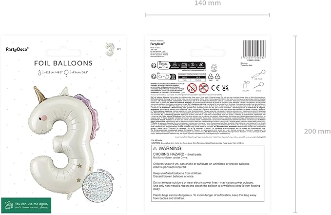 Unicorn Number 3 Balloon PartyDeco 36.5 Inch Holographic Foil 3rd
