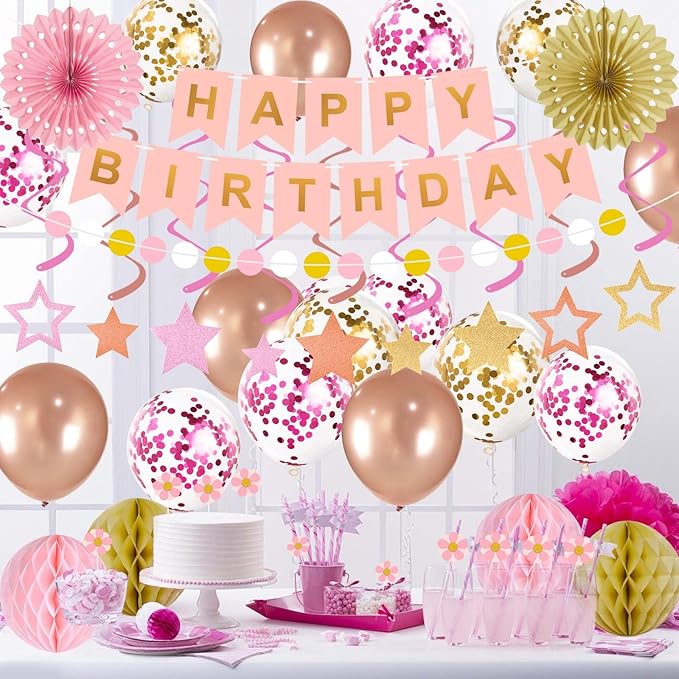 65Pcs Birthday Decorations Happy Birthday Banner Pink Rose Gold